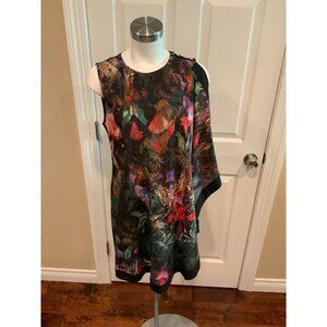 Ted Baker Black Multicolor Floral Patterned Sheath Dress W/ Draped Side, Size 4